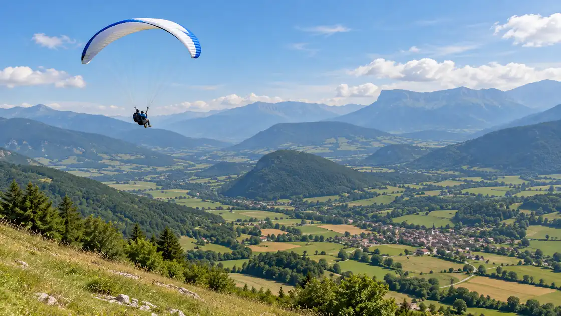 Parapente biplace au-dessus d’un paysage estival du Trièves.